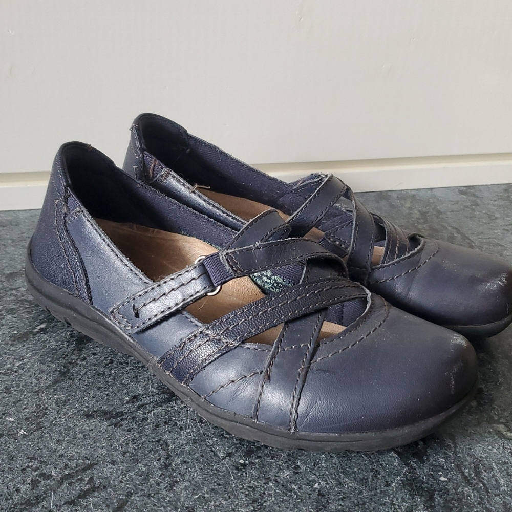 Earth Origins Rapid Raelynn Navy Blue Leather Strappy Mary Janes Comfort Footbed